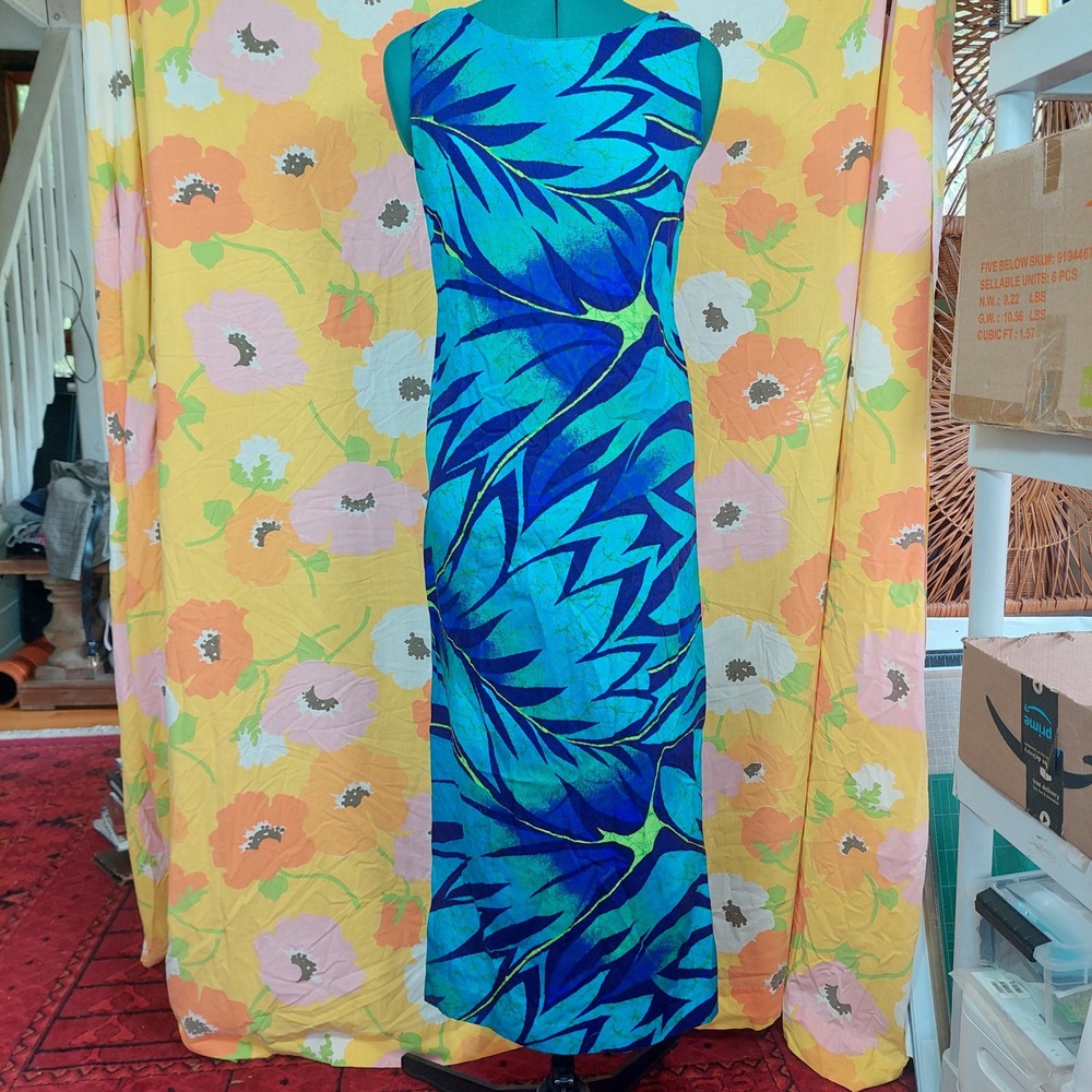 Vintage 1960s Pomare Tahiti Blue Tropical Leaf Print Maxi Dress Side Slits Small